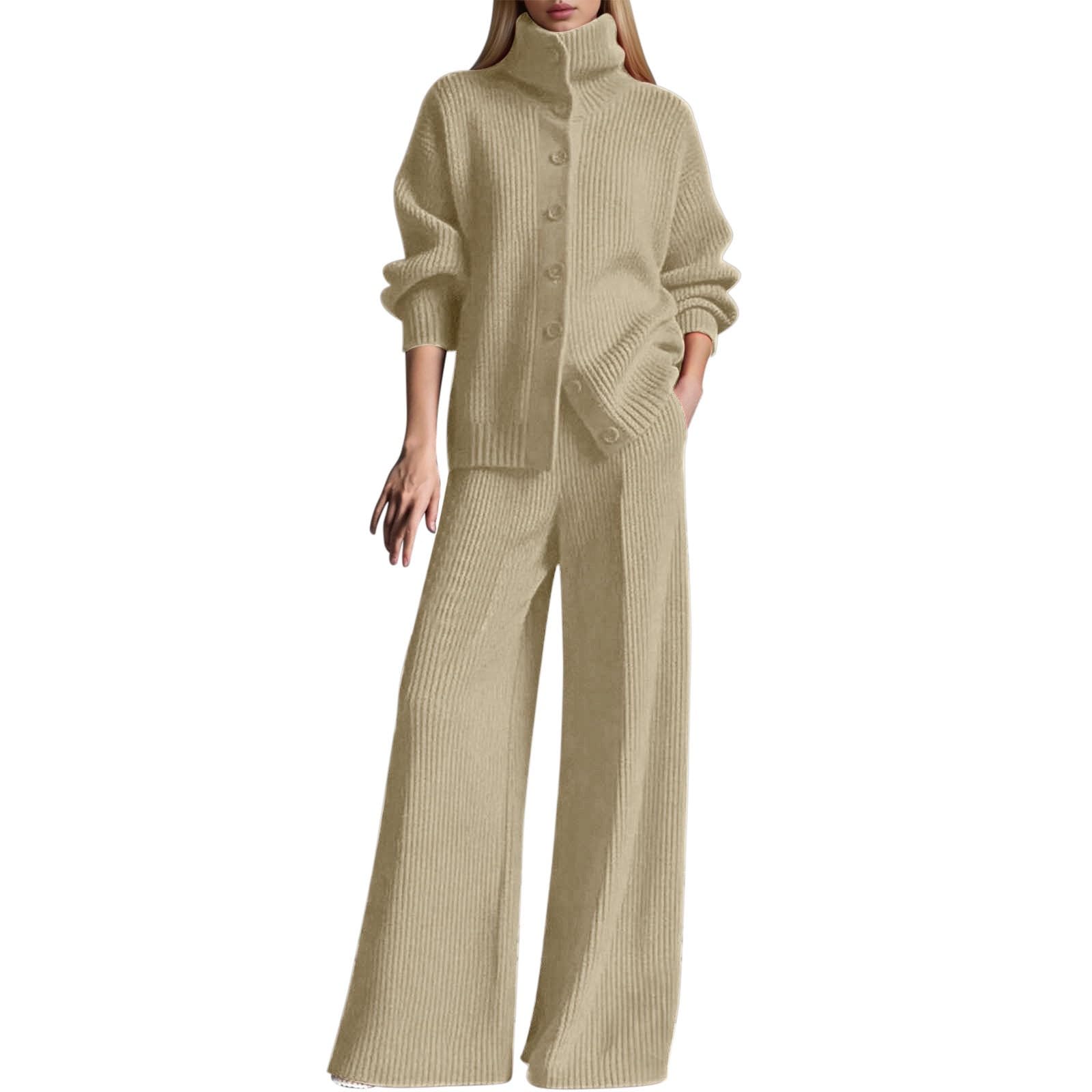 Elegante Top in Maglia da Donna e Pantaloni a Gamba Larga per Un Abbigliamento Moderno. Comodo Cardigan a Collo Alto con in Maglia Tinta Unita.