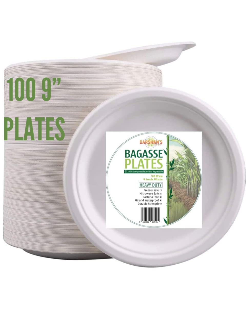 UK Market Place 100 x 9 Round Bagasse Plate Recyclable Disposable Compostable Sugarcane Strong