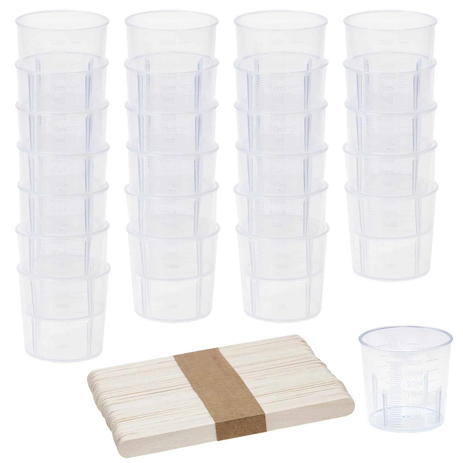 Gobelet gradué 30ml plastique avec bâtonnets agitateurs bois pour résine et artisanat x24