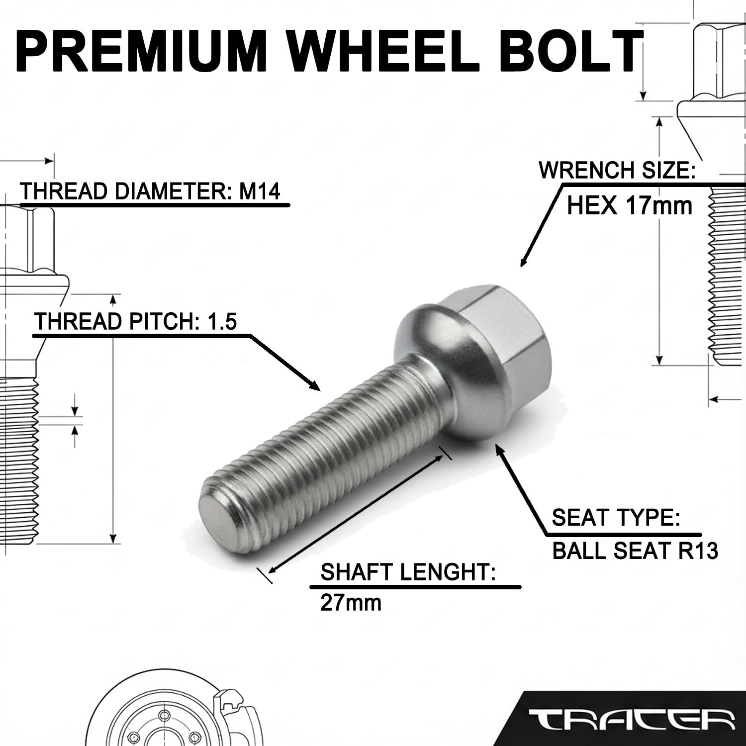 TRACER 20 Boulons de Roue Roue Boulon Ball Ceinture R13 M14 x 1.5 27mm compatible avec Jetta VW Golf, Bora, New Beetle, Fox, Polo, T4, Caddy, EOS, Passat, Phaeton, Scirocco, Sharan, Touran, Tiguan