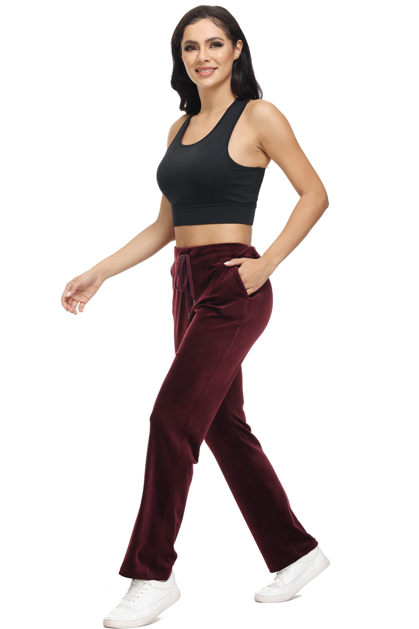 COZZIPLUS Damen-Velourshose, weiche Samt-Sweathose für Damen, gerades Bein, hohe Taille, Velours-Hose mit Taschen