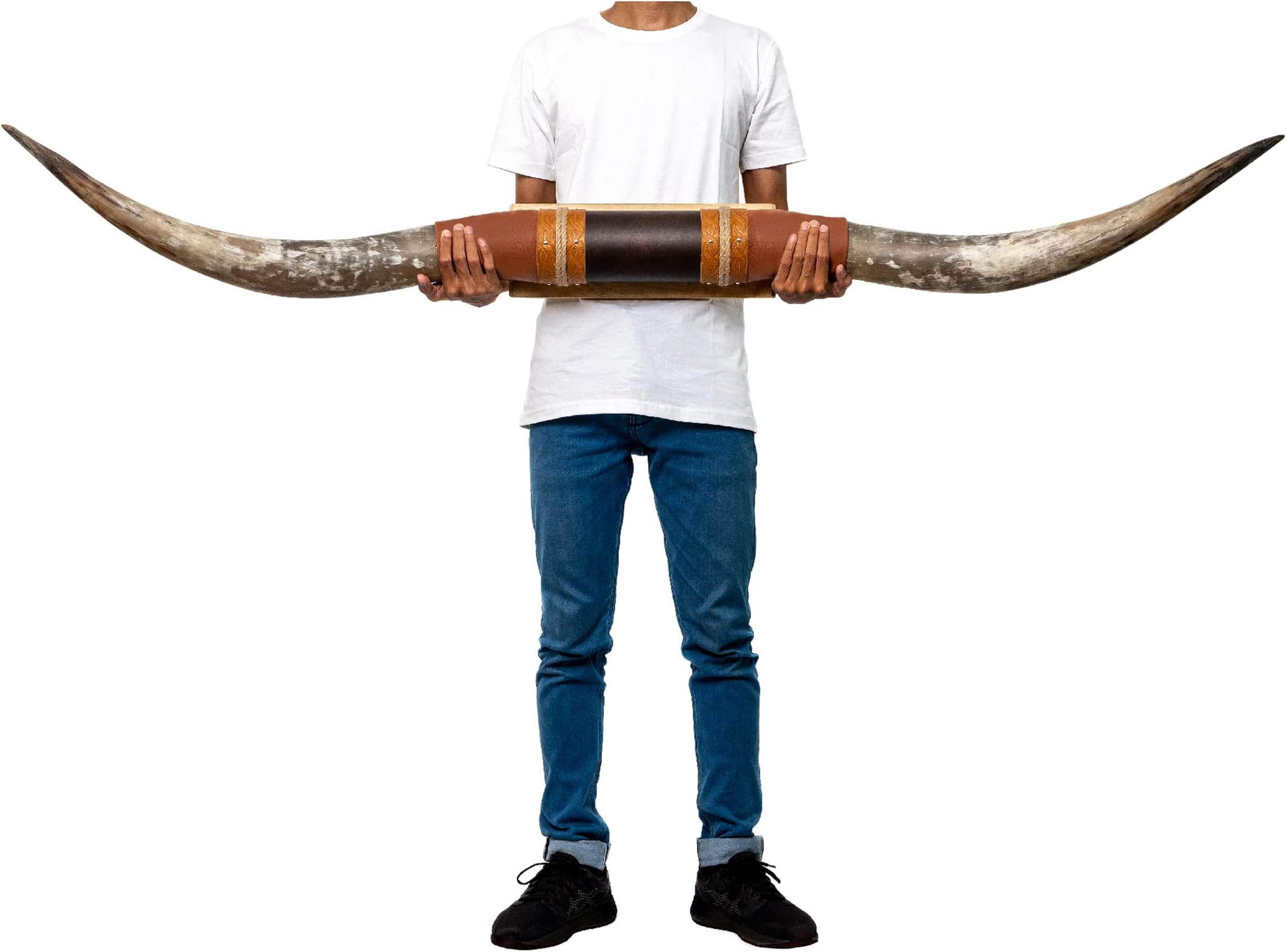 Skull Bliss - Authentic Real Bull Longhorn/Brown Leather Horn Mount - Steer Horns/Unique Wall Hangings and Longhorn Wall Decor (Standard Horns)