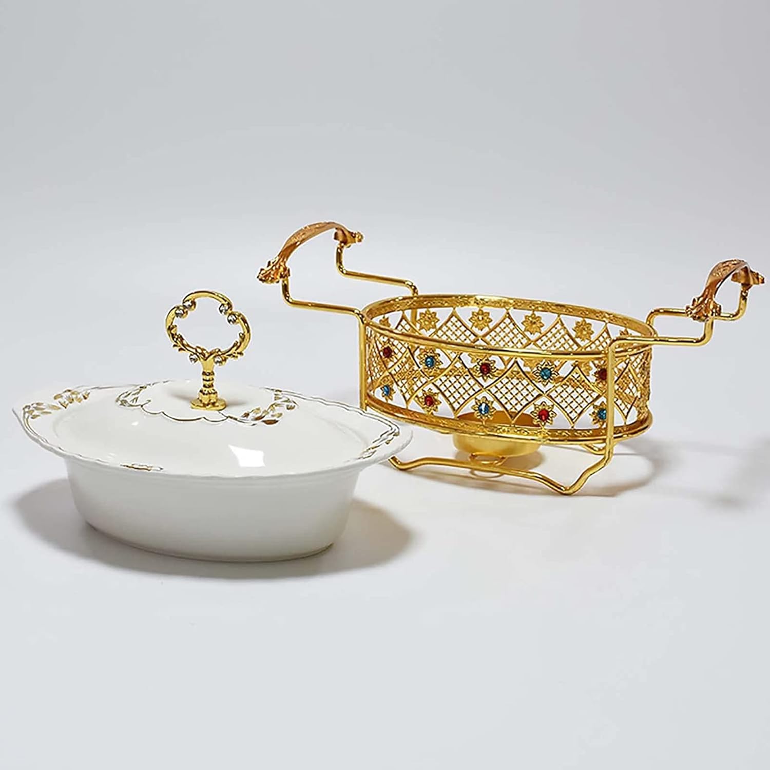 Oval Ceramics Chafing Dish, Chaffing Servers with Luxury Rhinestone Fuel Holder and Lid, Chafers Dish Set for Buffet, Weddings, Parties, Christmas,Multi Colored,