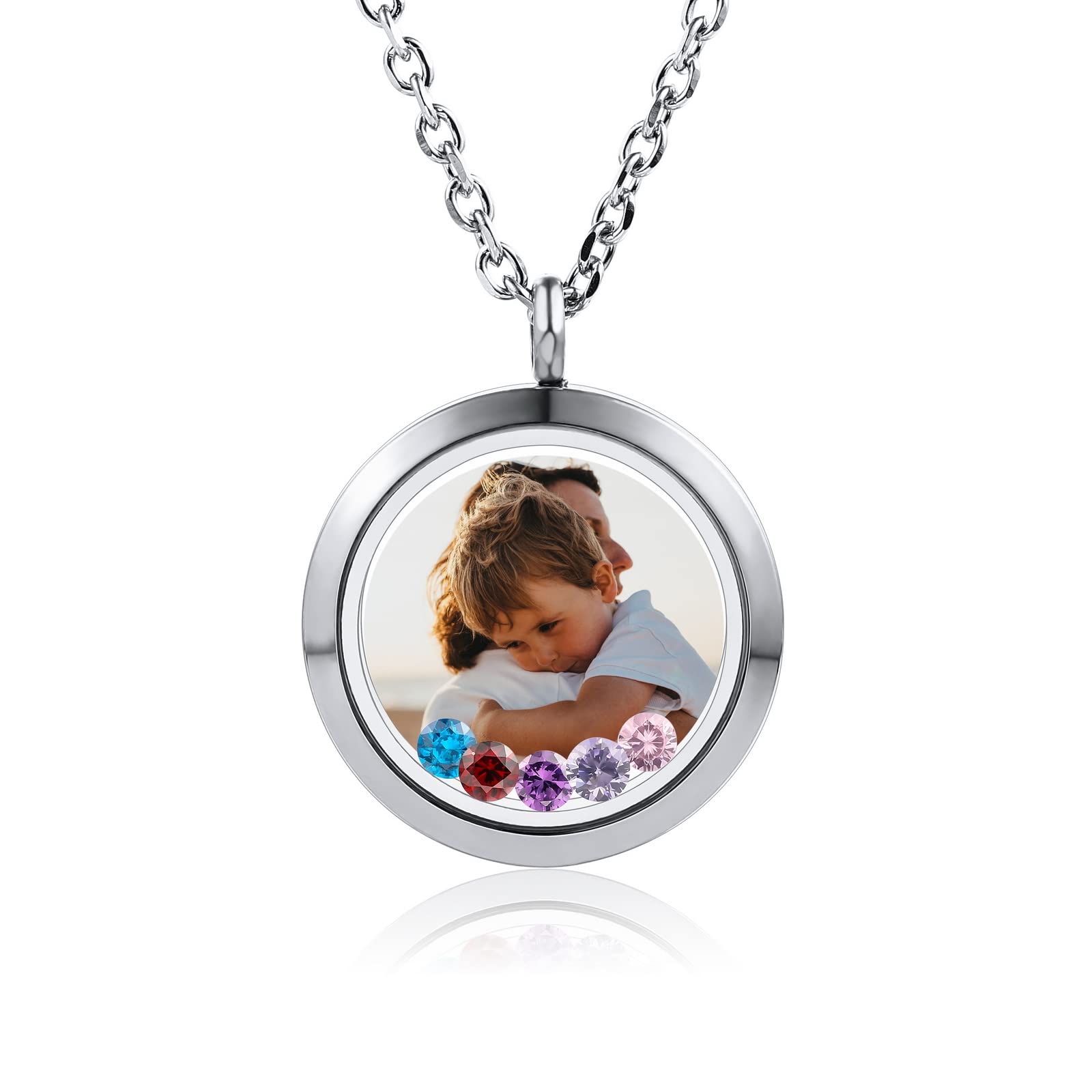 INBLUEColgante Mujer Personalizado Collar con Foto Dentro Collar de Medallón Acero Inoxidable y Vidrio con Piedra Natal Flotante Joyas de Conmemorativas Regalo para Madre Hija Amiga Joyas de Mujer