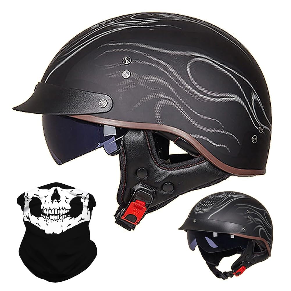 Retro Motorradhalbhelm, Halbschalenhelm mit ECE, Jethelm Retro, Chopper Helm, Retro Motorrad Helm, Scooter-Helm, Offenem Helm, mit Sonnenblende, für Männer und Frauen M~XXL