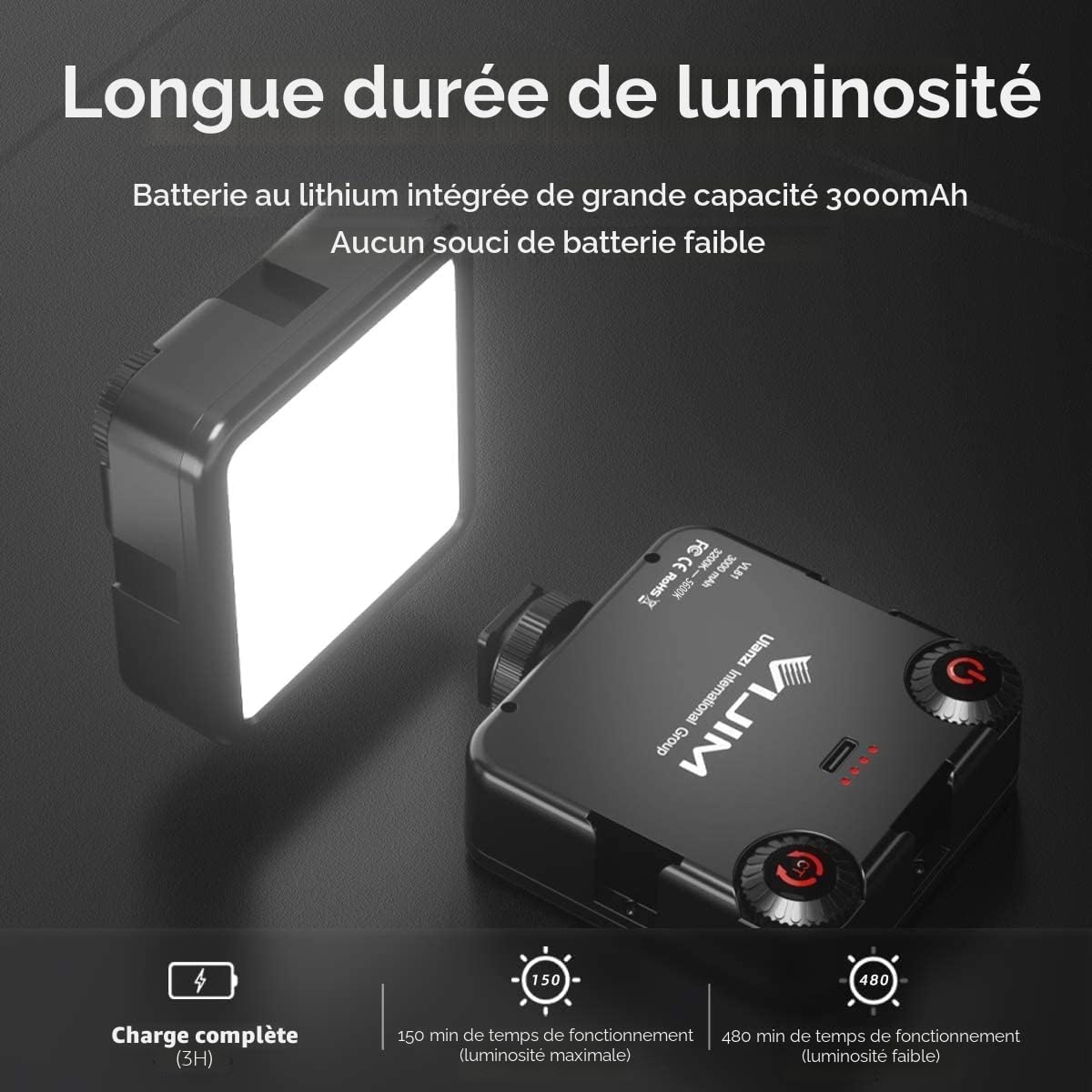 Lumière Caméra, LED Lampe avec 3 Cold Shoe, Eclairage Video Rechargeable 3000mAh, Lumiere Photo Professionnelle CRI95+Dimmable 3200K-5600K pour Tournage Vlog VL81 LED USB