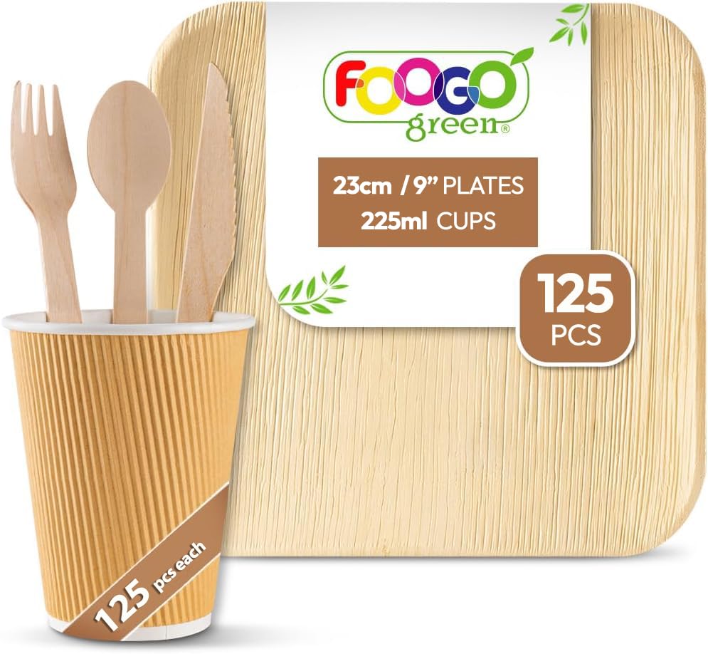 FOOGO Green 625pcs Disposable Palm Leaf Plates, Paper Cups and Wooden Cutlery Set, FSC® Certified, 125x Large Square Plates, 125x Cups, 125xForks, 125xKnives, 125x Spoons, Eco Friendly