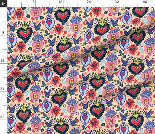 Spoonflower Fabric - Heart Mexican Folk Art Birds Hearts Steampunk Tattoos Valentine Printed on Petal Signature Cotton Fabric by The Yard - Sewing Quilting Apparel Crafts Decor