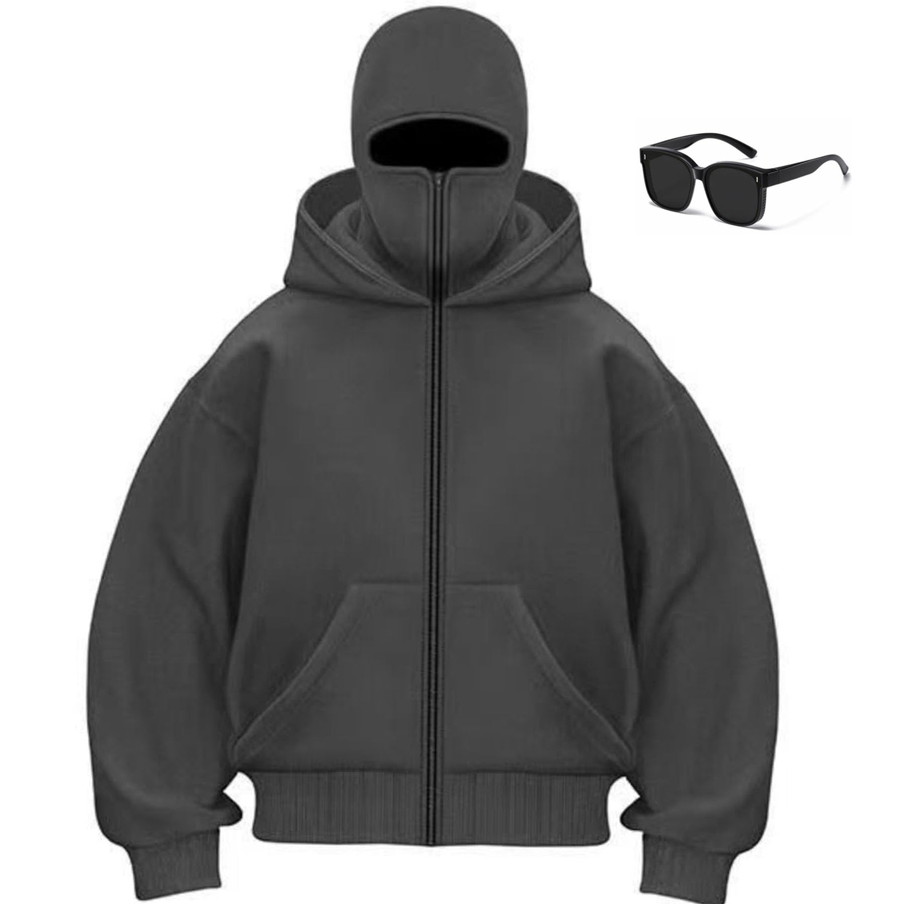 moytarcp Balaclava Hoodie with Built in Balaclavaand Mask - Cool Men Double Hooded Jacket Wind-Resistant Hoodies (Dark Gray-zipper,M)
