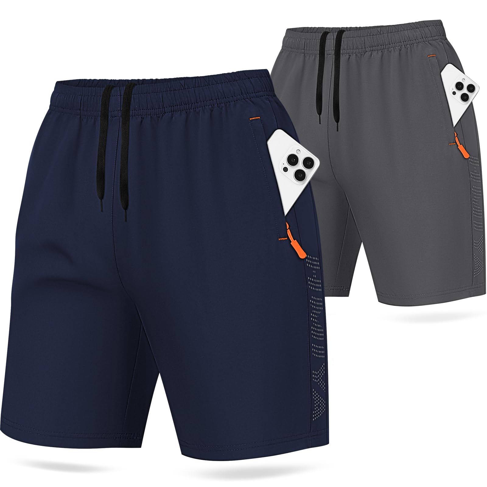 HMIYA 2er Pack Sporthose Herren Kurz Sport Shorts Sommer Laufhose Trainingshose mit Reißverschlusstasch