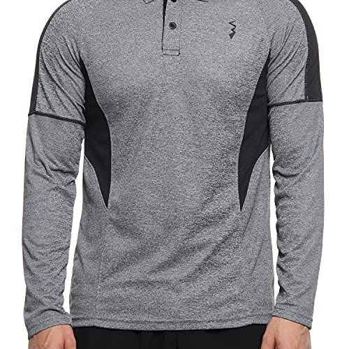 Image of Cahoot Men's Black & Grey Heathered Contrast Activewear T-Shirt for Casual Wear | Spread Collar | Long Sleeve | Half-Button Closure | T-Shirt Crafted with Comfort Fit for Everyday Wear