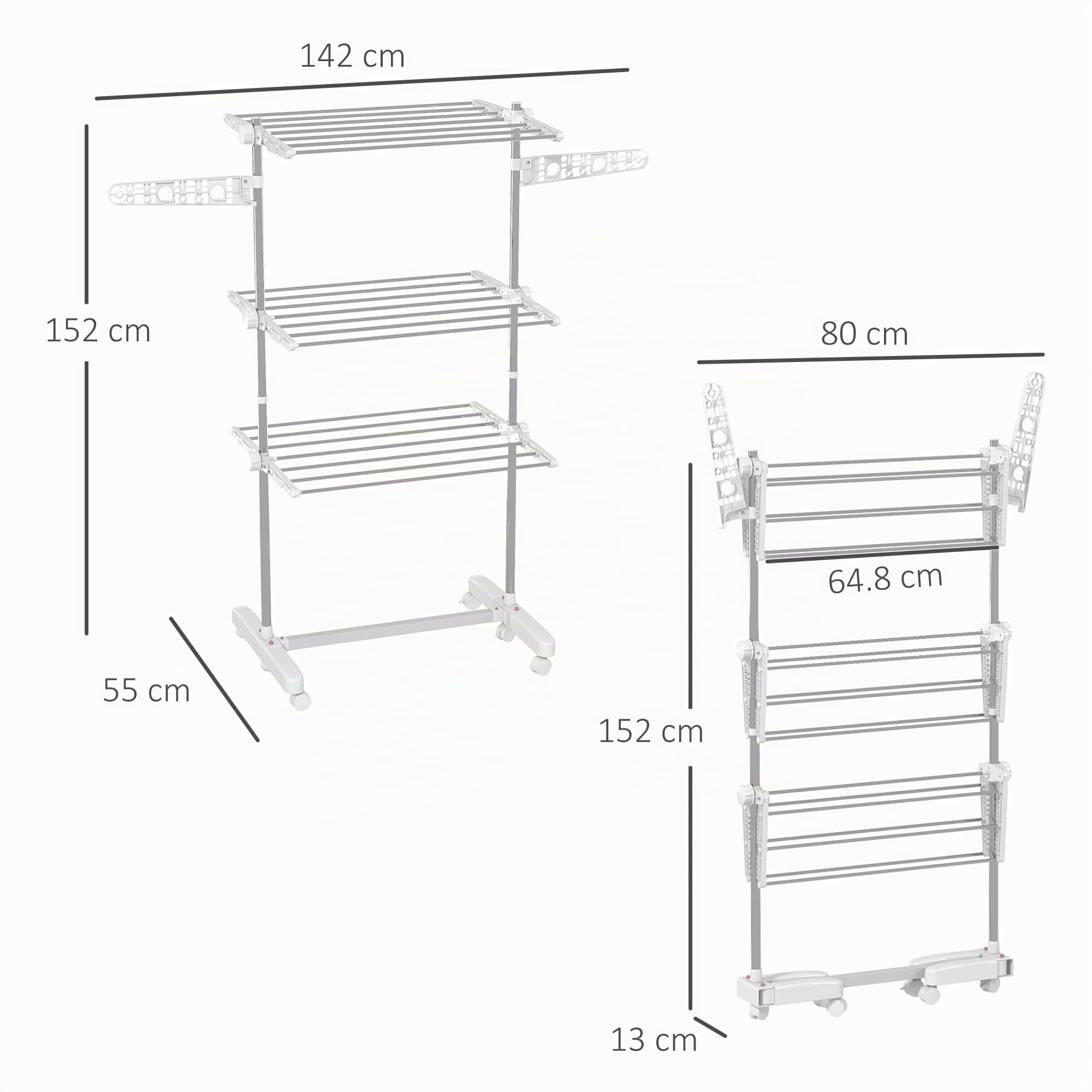 HOMCOM Stendibiancheria Verticale 3 Livelli Regolabili Bianco Argento | Stendino a Torre Pieghevole Salvaspazio Estensibile, Acciaio Inox, 6 Ruote, Ganci, Interni, Balcone, 142x55x152cm