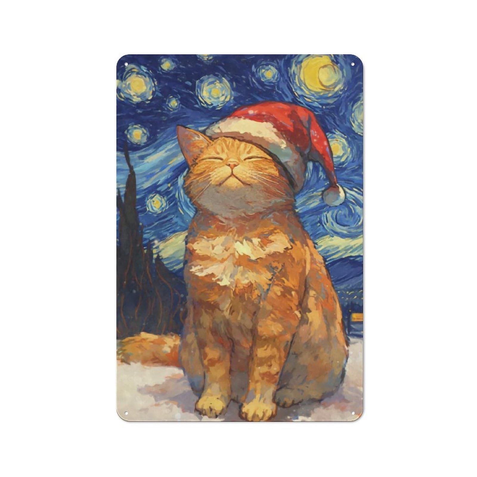 Junmoney Orange Cat Santa Hat Metal Wall Sign 30X20cm Featuring For Living Room Wall, For Decorating Living Rooms And Feature Walls