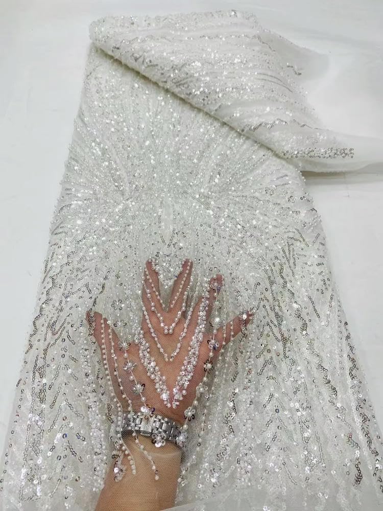 Tela de Encaje Africano con Lentejuelas Bordadas y Cuentas para Novias y Bodas