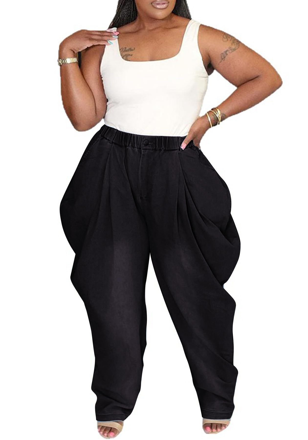 Unybwonn Womens Wide Leg Baggy Jeans Loose Elastic Waist Harem Denim Pants Plus Size Balloon Joggers Jean Sweatpants