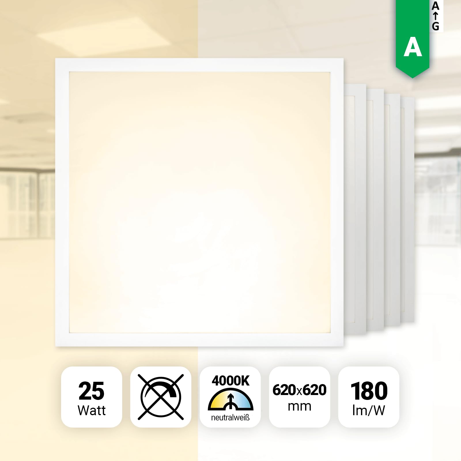 5x LED Panel 62x62cm 4000K 25W Rasterleuchte 4500lm flimmerfrei Deckenleuchte Energieeffizient Netzteil BLs2.0
