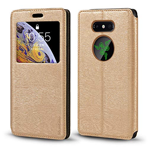 Shantime Razer Phone 2 Case, Wood Grain Leather Case with Card Holder and Window, Magnetic Flip Cover for Razer Phone 2 Gold