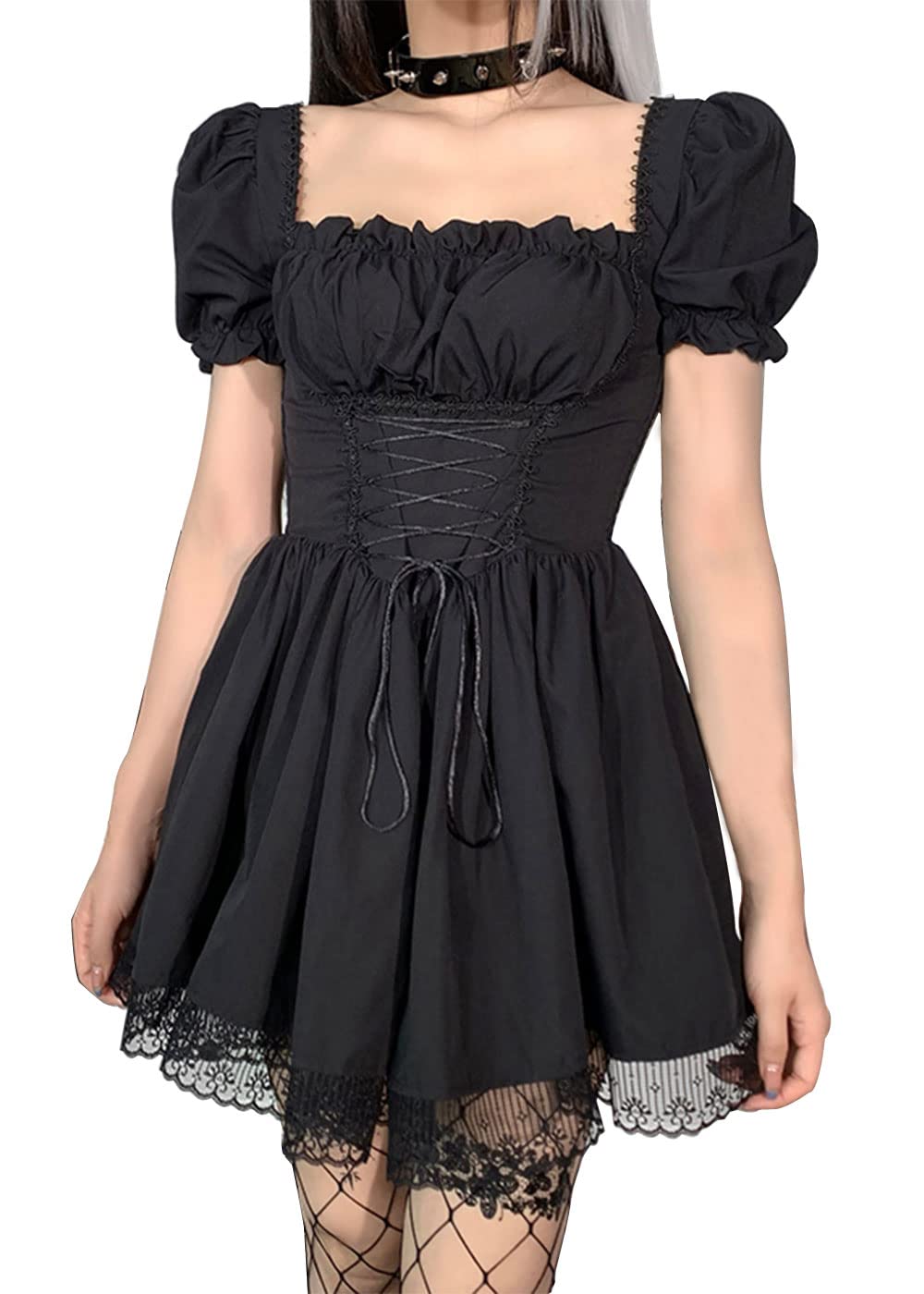 Abito estivo da donna nero, leggero e arioso, vestito gotico, abito sexy a maniche lunghe, abito a bolle, mini sexy a maniche lunghe