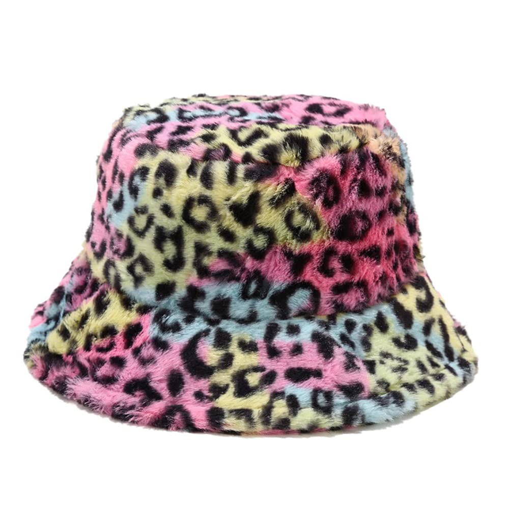 Kgm Unisex Leopard Multi Leopard Print Soft Fleecy Faux Fur Bucket Fisherman Hat - Festival Summer Winter Hats (Leopard Multi)