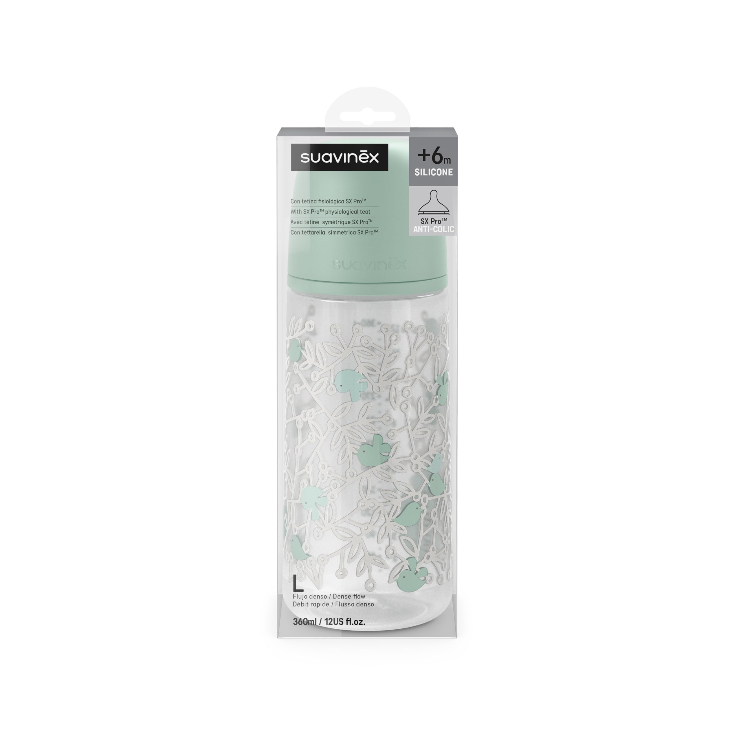 Suavinex, Biberón Anticólico de 360 ml con Tetina Fisiológica SX Pro de Silicona, de Flujo Denso (L), para Líquidos Densos, Apto Papillas Líquidas. Bebés +6 Meses. Birdies, Verde — view 6