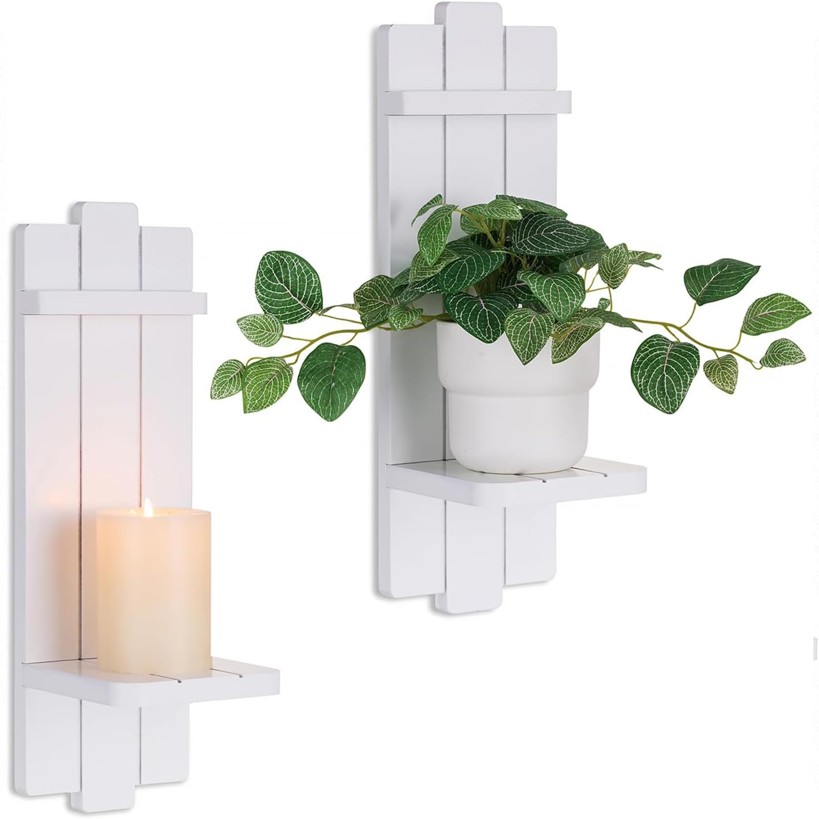 White Wall Candle Holders - Decorative Candles Sconces for Wall Decor Boho Floating Plant Shelf Rustic Wooden Decor for Bedroom Bathroom