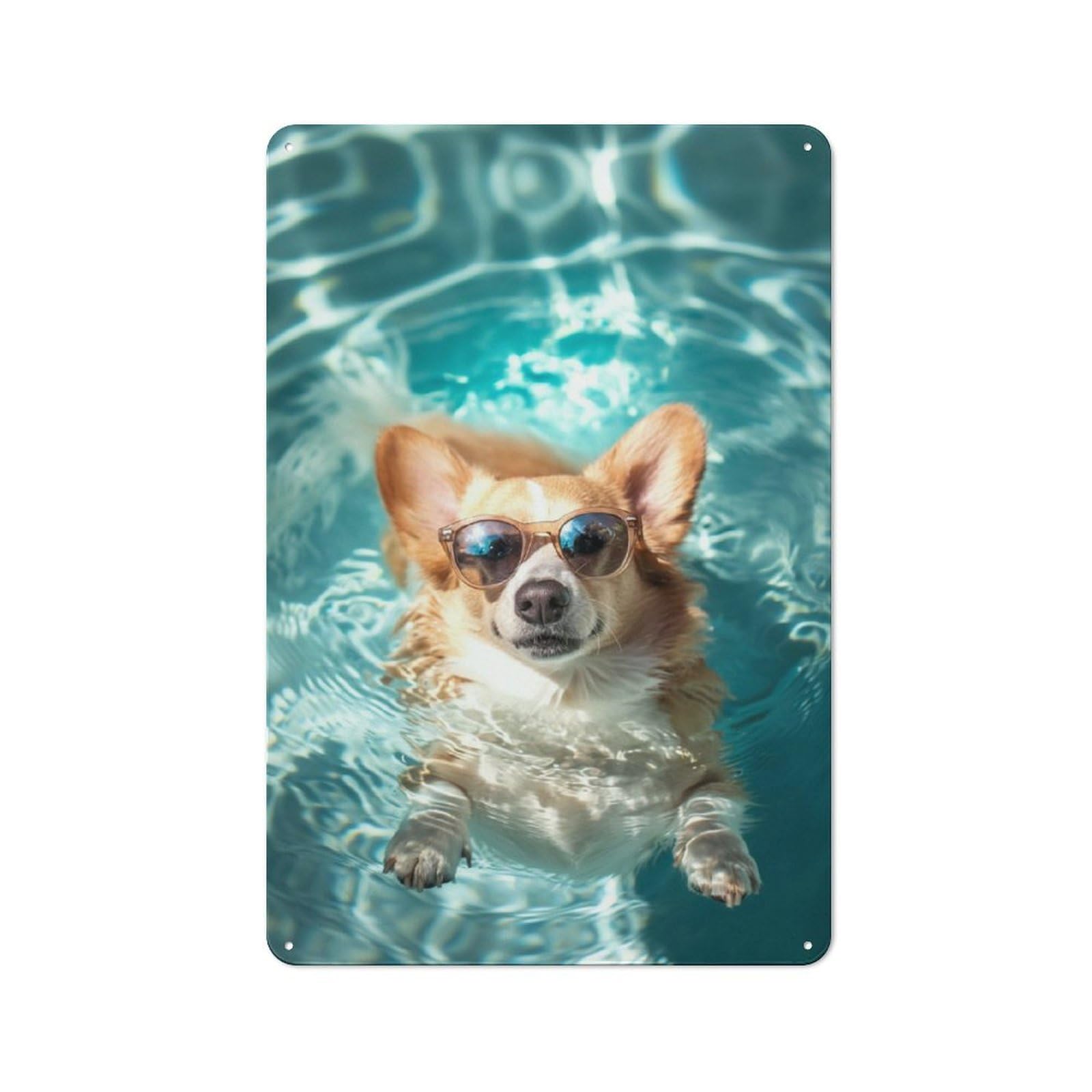 Junmoney Corgi Pool Sunglasses Sun Retro Metal Wall Plaque 30X20cm, Nostalgic Wall Art For Living Room, Hallway, Kitchen Or Cafe