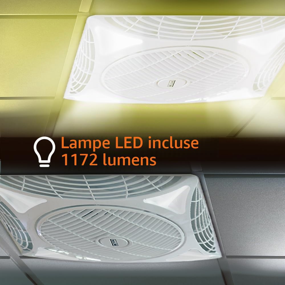 M Ledme - Ventilateur de plafond carré Armstrong 68W avec lumière LED blanc froid (6000K), encastré, 1172 lm, télécommande, moteur AC, silencieux, 3 vitesses, idéal pour les bureaux. LM8087