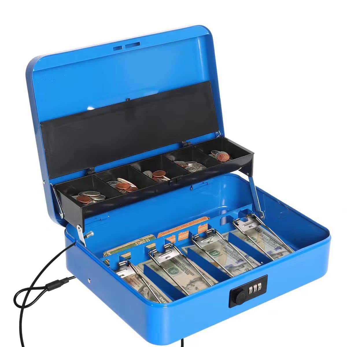 Cash Box with Combination Lock，Durable Metal Cash Box with Money Tray，Lock Box Safe Storage Security Locker with Security Cable,Blue