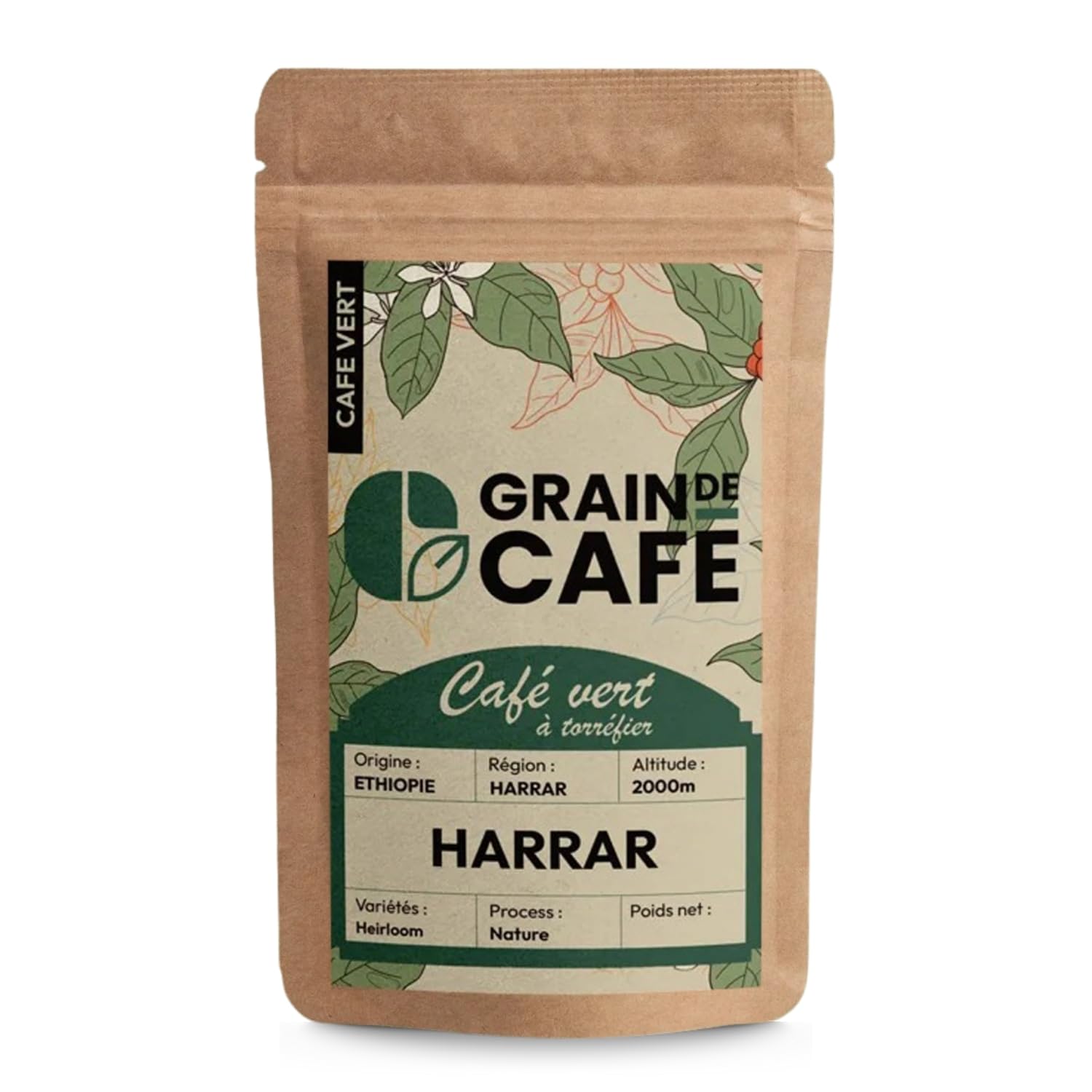 Graindecafé – Café Vert Éthiopie Moka Harrar 1kg | 100% Arabica Naturel Non Torréfié | Sauvage Et Épicé | Notes De Fruits Secs Et Moka | Idéal Machine À Grain Une Fois Torréfié