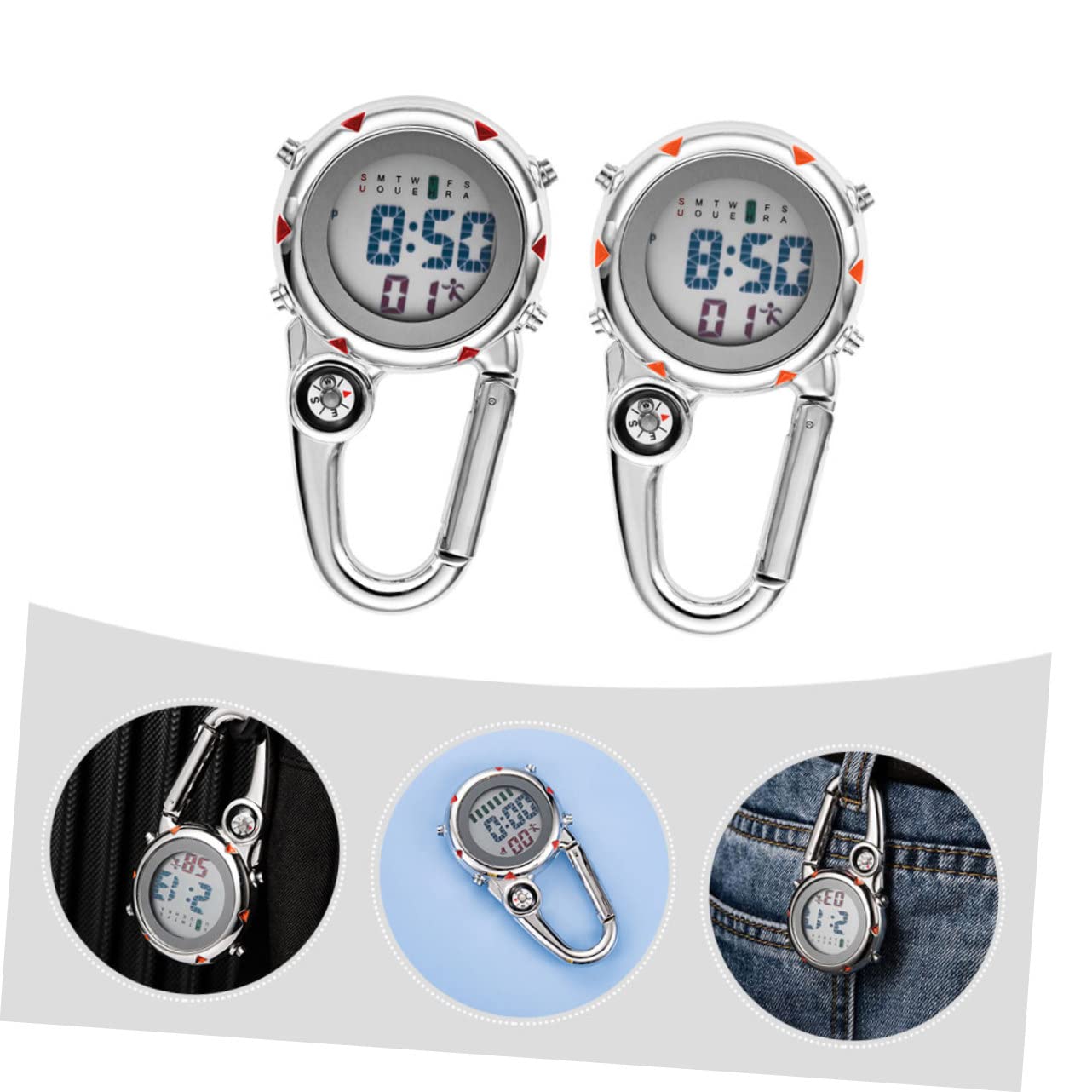 Gatuida 4stücke Multifunktionale Taschenuhr Mit Karabinerhaken Wetterfeste Metalluhr Mit Kompass Für Outdoor-aktivitäten Leuchtende Pocket Watch