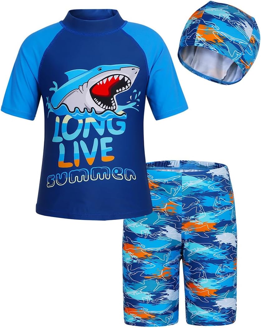 Toddler Swimsuit Boy 3 Piece Boys Swim Set Short Sleeve Boys Swim Shirt Boy Swim Trunks Rash Guard Bathing Suits - Image 2