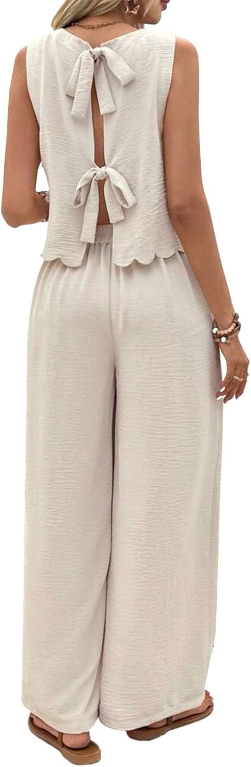 Nimsruc Women's Summer Two Piece Sets With Back Tie Bow Top And Wide Leg Pants For Vacation Travel Lounge Outfits