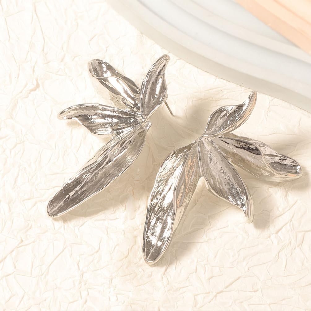 Vintage Chunky Gold Silver Leaf Stud Bohemia Statement Earrings for Women, Boho Simple Large Leaves Flower Earring Unique Prom Jewelry Gift Accessories - Image 7