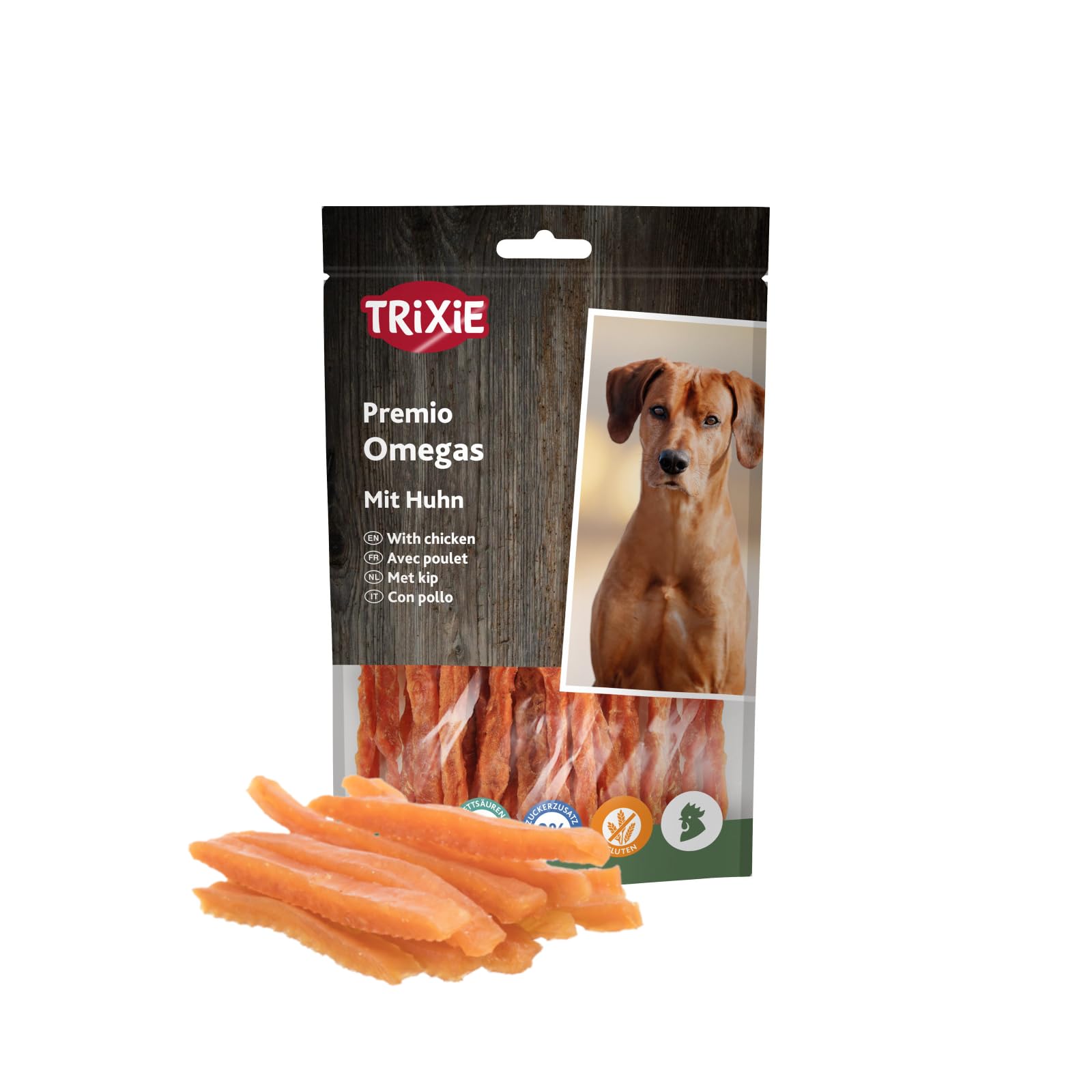 TRIXIE Premio Omega Stripes | Confezione Doppia | 2 x 100 g | Alimento complementare per cani con alto contenuto di carne di pollo | Ricco di acidi grassi essenziali Omega-3 e Omega-6