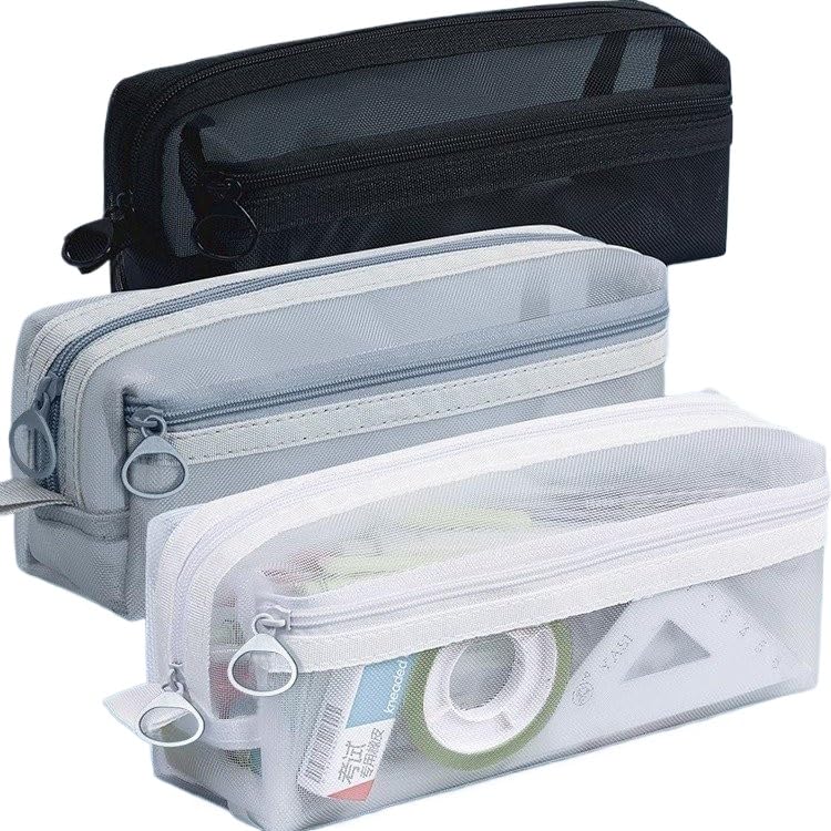 Estojo Escolar, Bolsa de Armazenamento para Meninas, Estojo de Lápis de Malha de Grande Capacidade, Bolsa de Lápis Transparente de Dupla(Estilo quadrado de camada dupu)