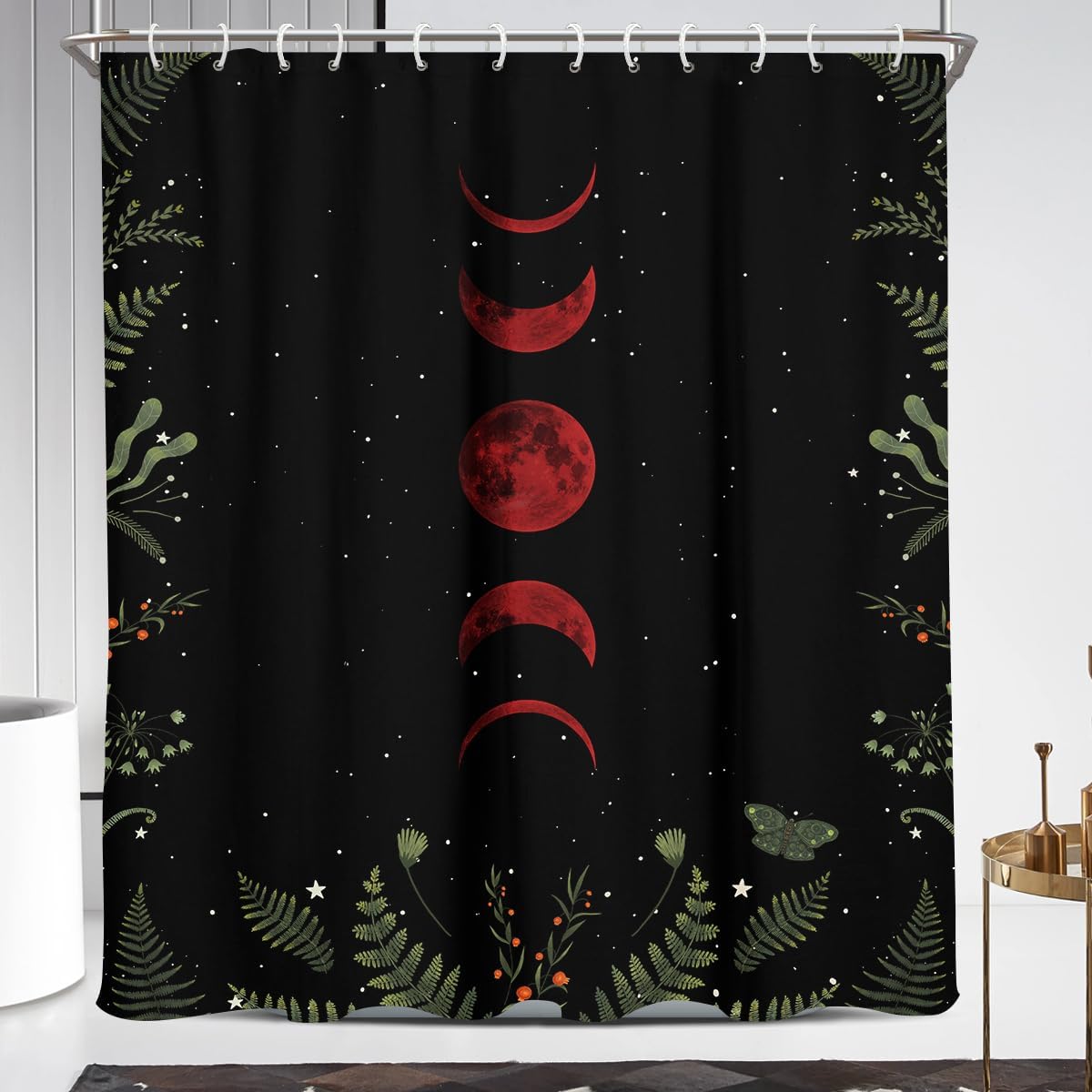 Coxila Red Moon Shower Curtain Long Wide Black Gothic Goth Witchy Spooky Dark Moody Galaxy Space Star Celestial Moonlit Whimsical Cool Anime Fantasy Bathroom 72x84 Inch Polyester Fabric 12 Pack Hooks