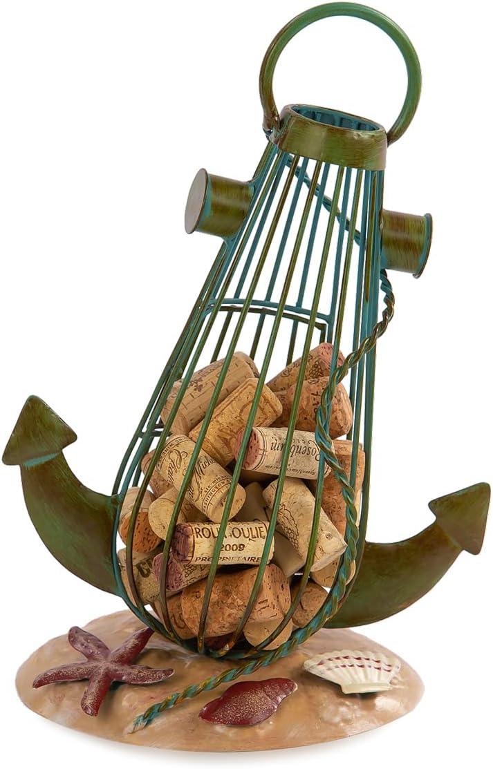 Picnic Plus Anchor Cork Caddy Holds Over 50 Wine Corks, Cork Corral, Cork Holder for Kitchen, Bar, Patina Green Hand Painted