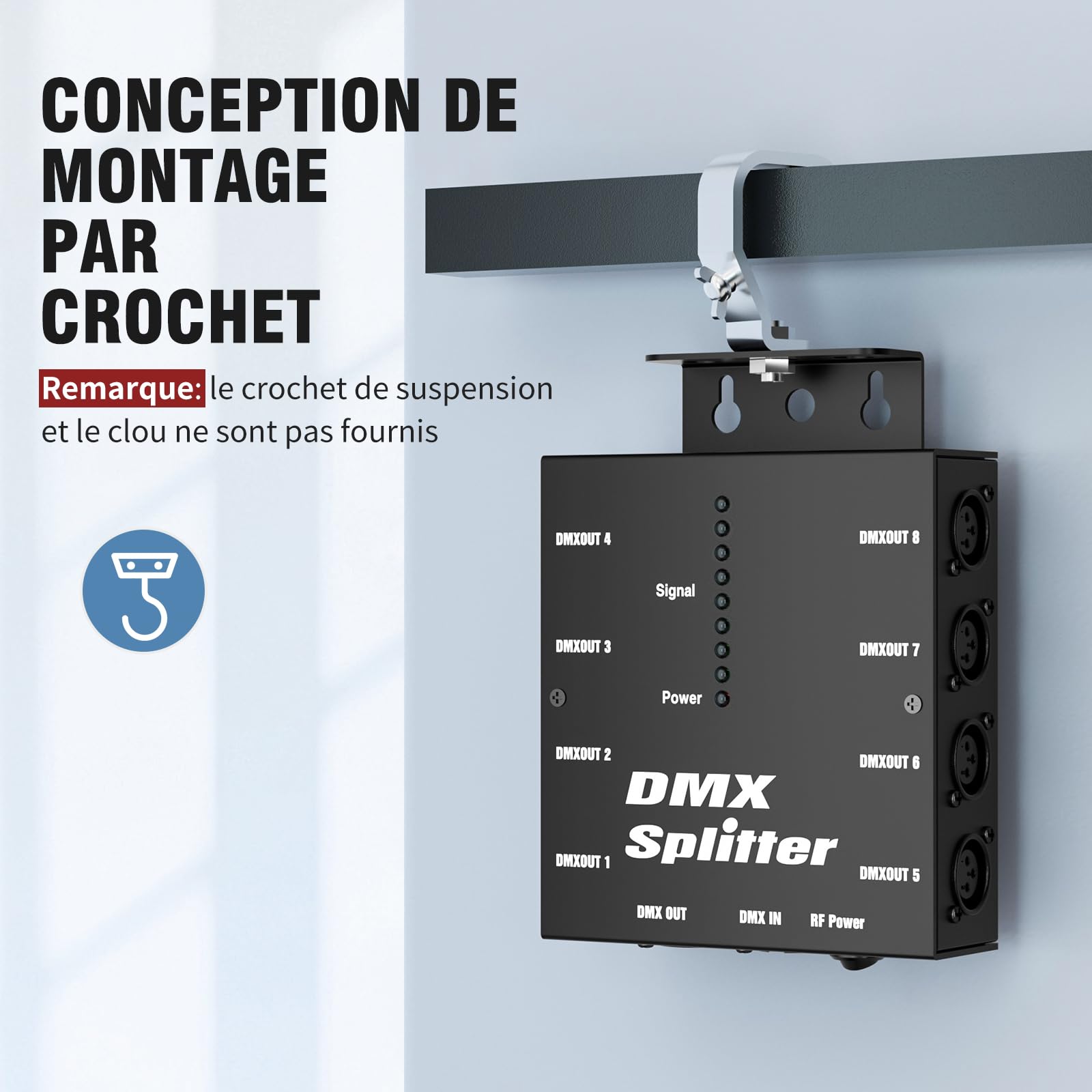 Répartiteur Optique DMX sans Fil, Amplificateur de Signal DMX512 avec 1 Entrée et 8 Sorties Indépendantes pour PAR LED Moving Head Lampe Lumière de Scène Disco DJ Fête
