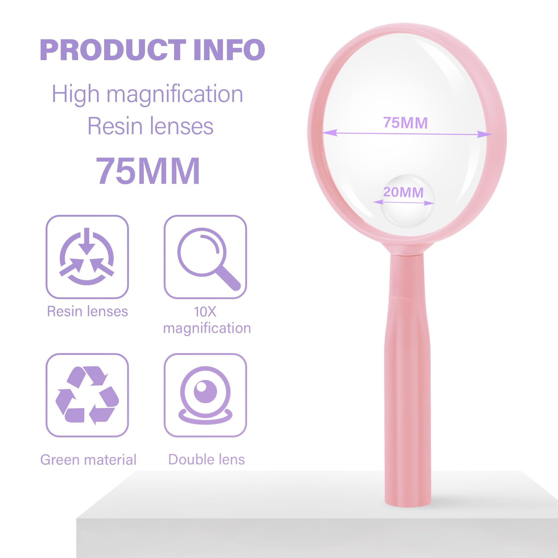 Lakei Magnifying Glass,10X 30X Handheld Reading Magnifying Glass? 75mm Shatter Resistant Lens, Non-Slip Handle, Suitable for Elderly Reading, Adults Close Work, Hobbies and Science (Pink)