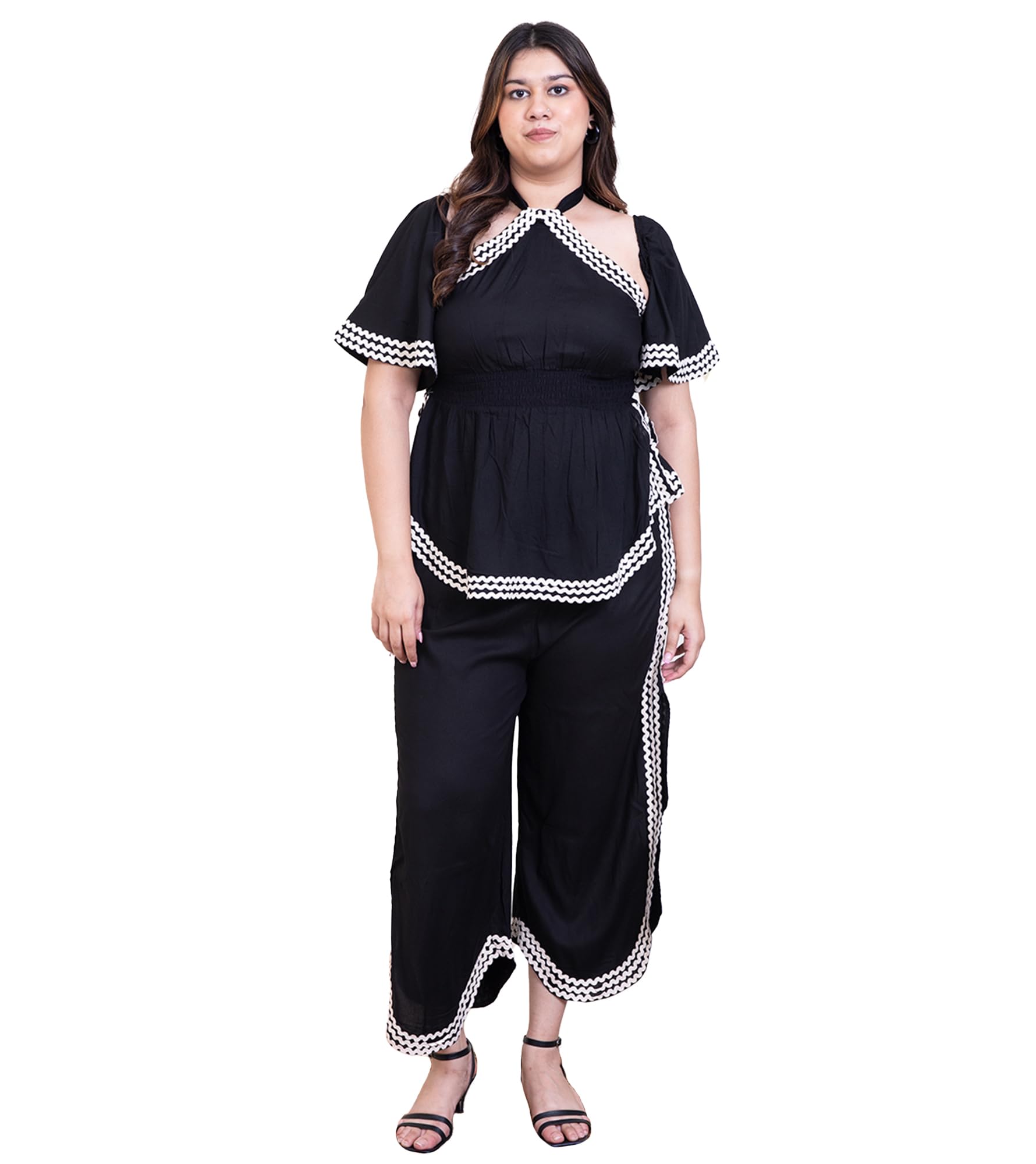 Solid Rayon Top & Pants Plus Size Co-Ord Set for Women's|Halter Neck Relaxed FitShort Bell Sleeves|Ladies Party Outfits Summer Collection Stylish Fusion Wear