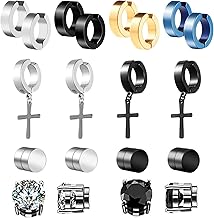 Wodasi 10 Pair Männer Ohrringe Schwarz Silber, Herren Edelstahl Ohrringe, Magnet Ohrstecker Ohrringe Edelstahl CZ Magnet Ohrring Nicht Durchdringend Kreuz Baumeln Creolen