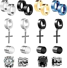 Wodasi Acero Inoxidable Pendientes Magnéticos, 10 Pares de Pendientes de Acero Inoxidable para Hombres, Pendientes de Cruz Hombre Hombres Mujer Magnéticos Sin Agujero Perforacion