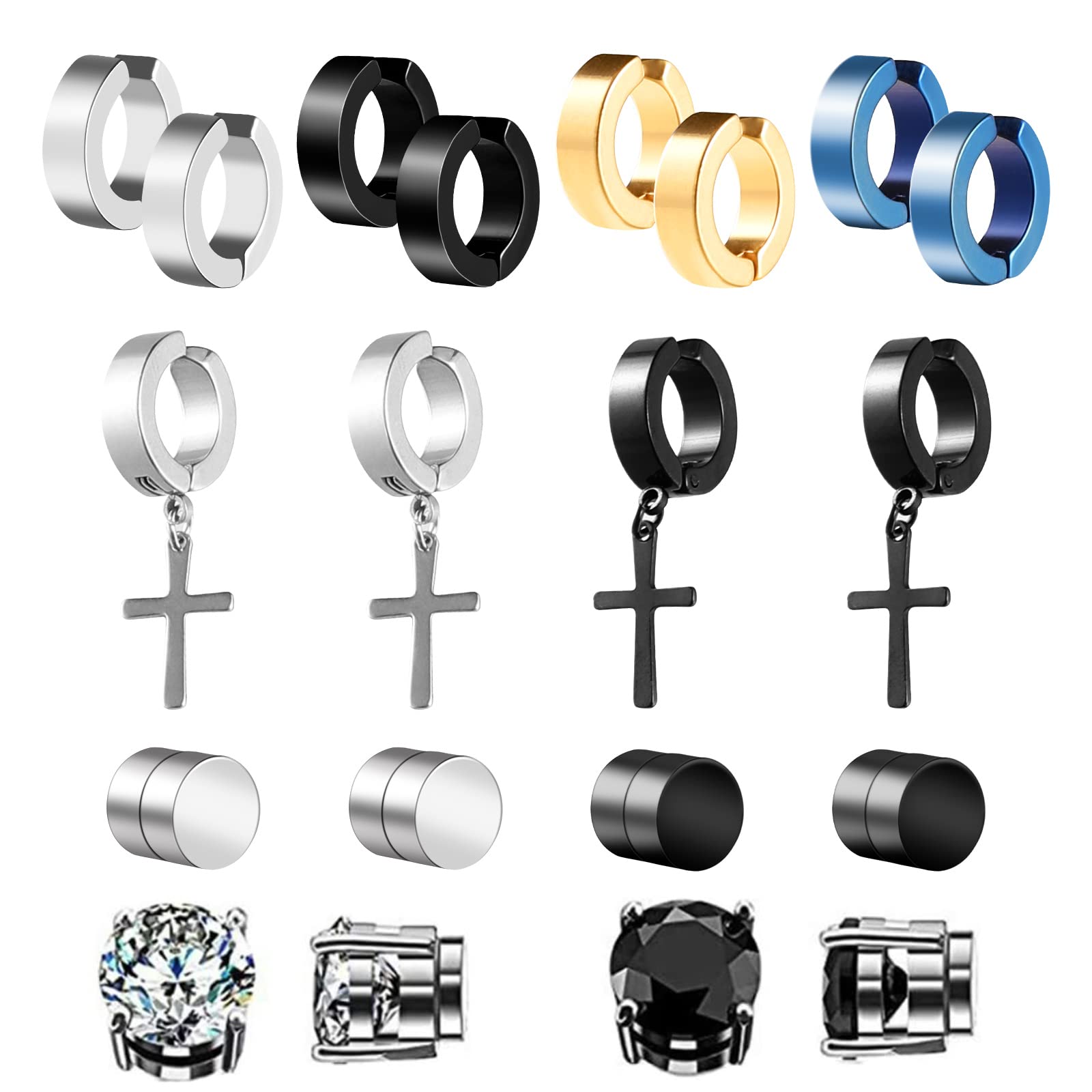 Wodasi Pendientes Magnéticos, 10 Pares, Acero Inoxidable, de Cruz, Hombre y Mujer Sin Agujero Perforacion