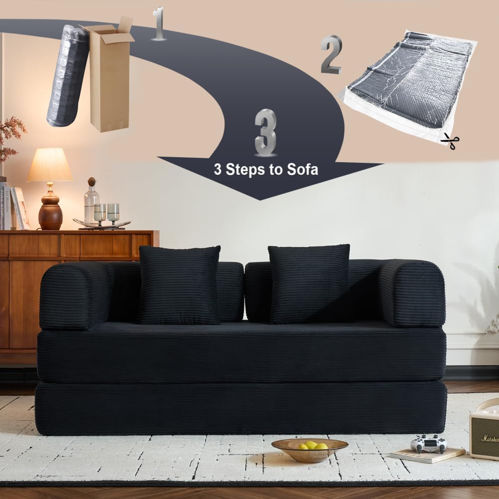 59'' Corduroy Folding Mattress Couch with Fixed-Shape Frame, Floor Sofa Lounge Couch for Living Room Bedroom