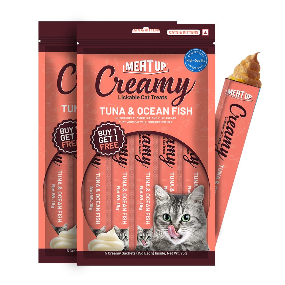 Meat Up Cat Creamy Lickable Treat (15 x 5g) 75g + 75g (Free) 150g | Tuna and Ocean Fish Flavour | Buy 1 Get 1 | All Breeds | Taurine for Healthy Heart | Healthy Skin & Coat | Supports Muscle Health