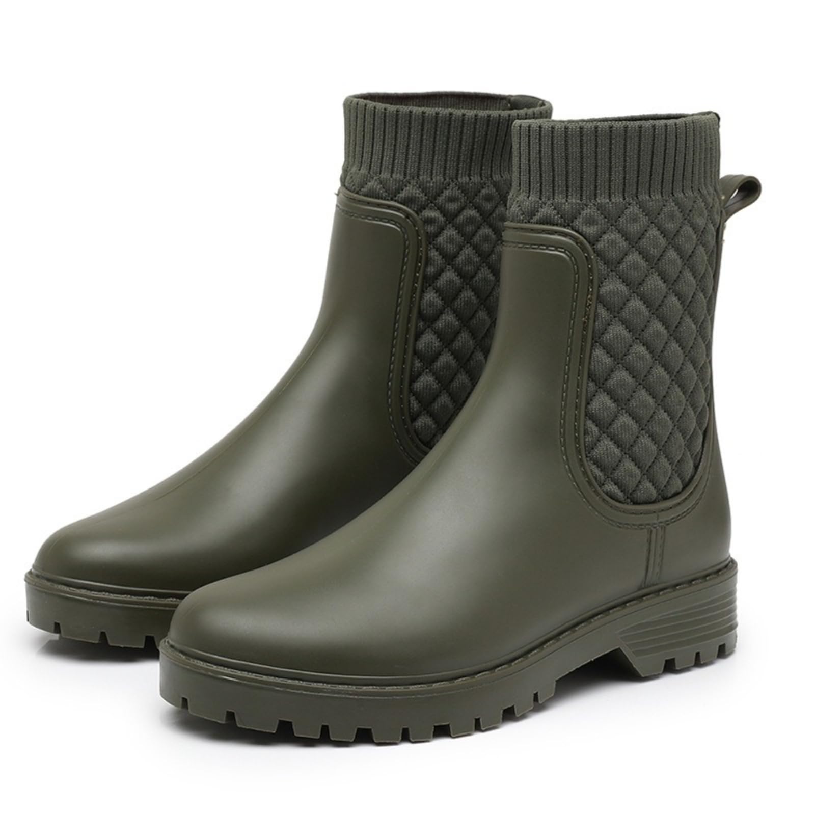 Womens Pull-On Rain Boots Flat Block Heel Lightweight Non-Slip Soft Sole Waterproof With Elastic Daily Outdoor Wear