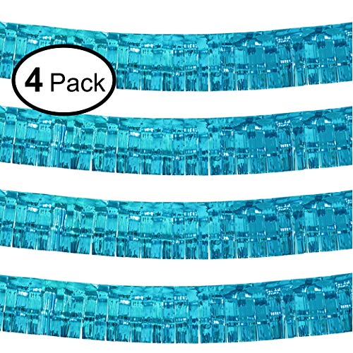 10 Feet by 15 Inch Turquoise Foil Fringe Garland - Pack of 4 | Shiny Metallic Tinsel Banner | Ideal for Parade Floats, Bridal Shower, Bachelorette, Wedding, Birthday, Christmas | Wall Hanging Drapes