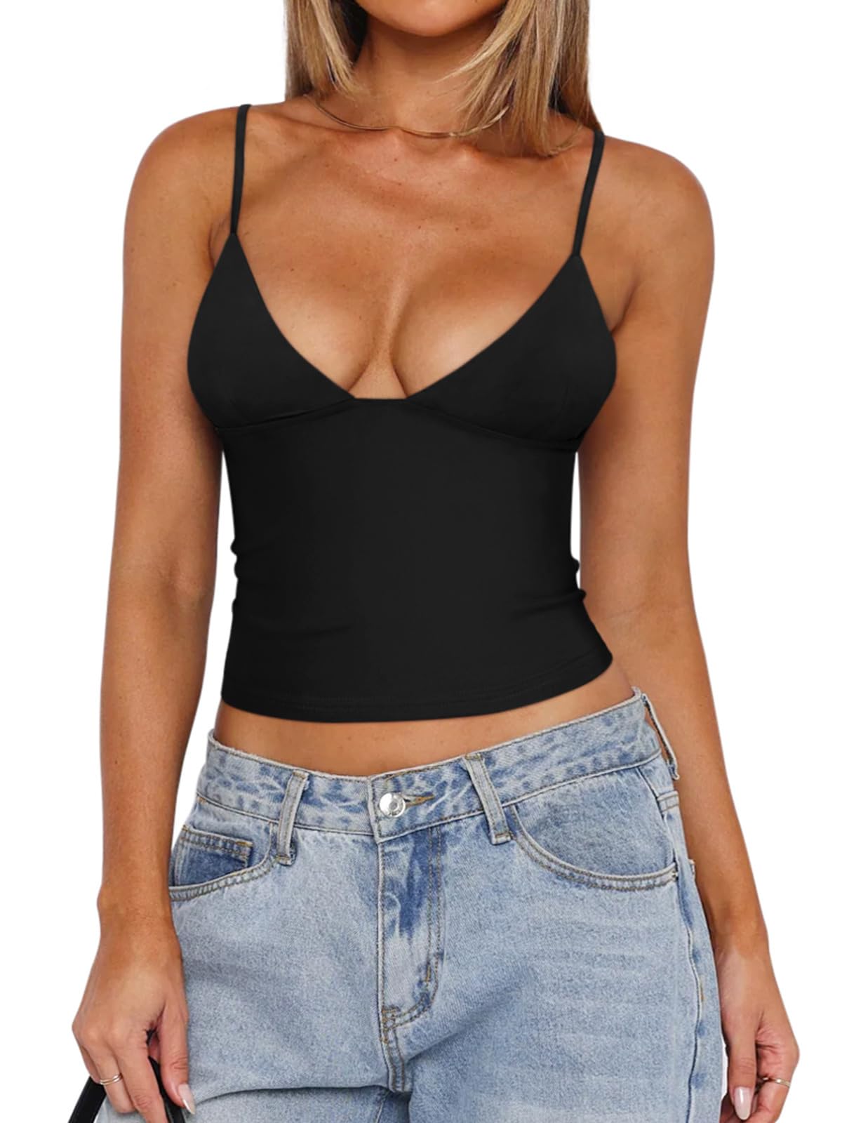 REORIAButsmooth® Womens Sexy V-Neck Sleeveless Double Lined Going Out Y2K Trendy Cami Shirt Cropped Tank Tops