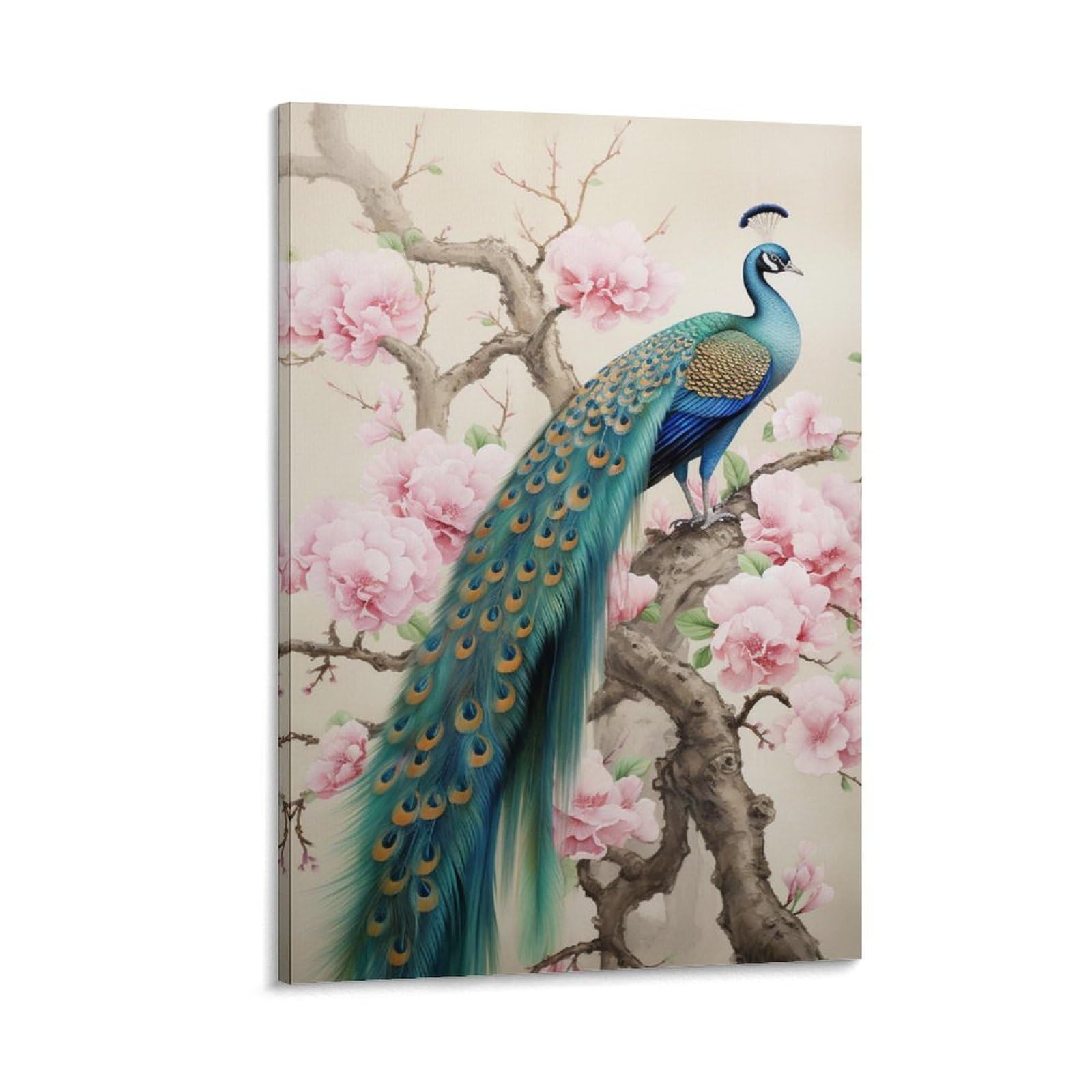 AYAROS Retro Flower Peacock Canvas Wall Art for Bedroom Animal Standing on Branch Wall Decor Poster for Room Aesthetic Framed 12x18 inch