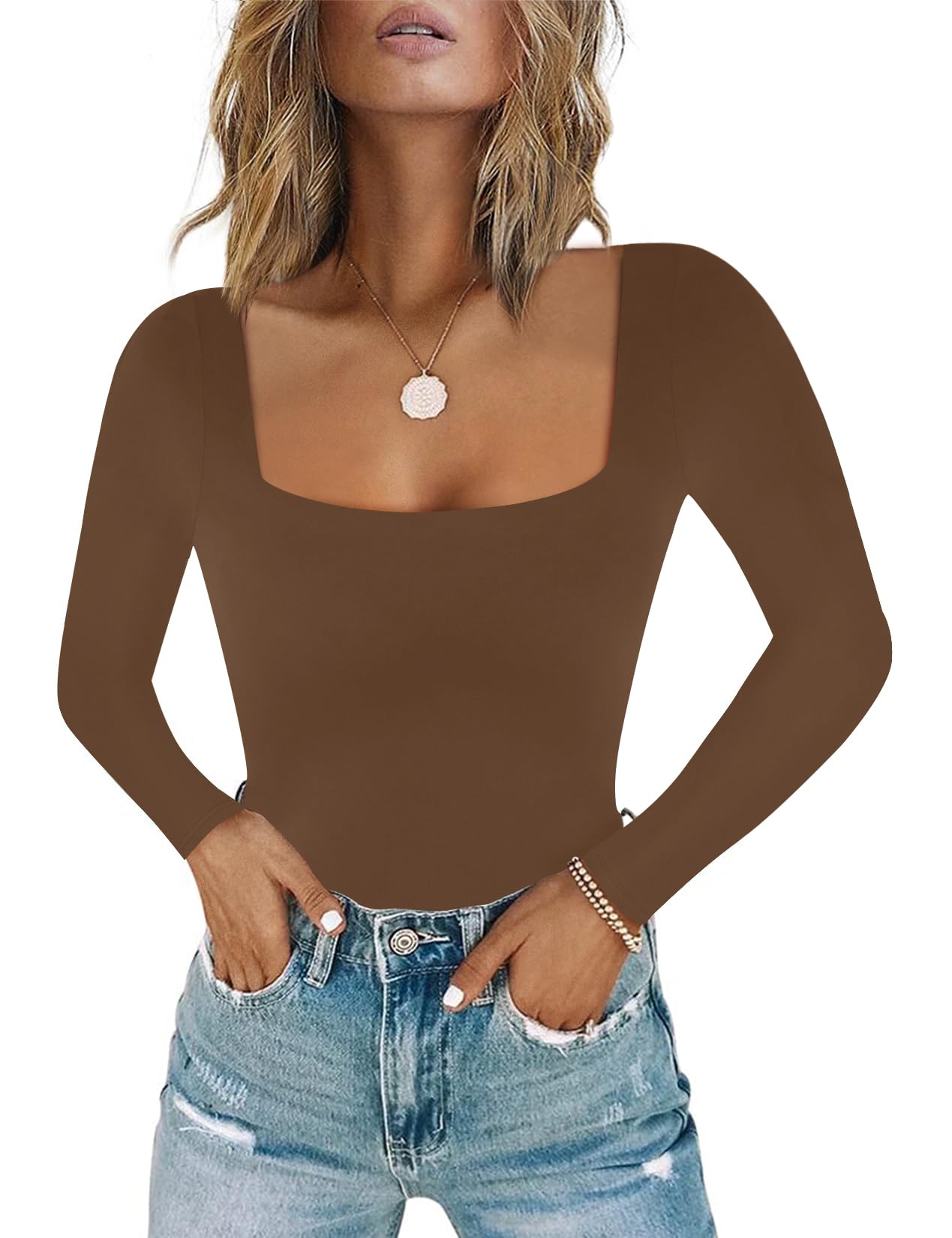 Chunpin Women's Sexy Square Neck Short Sleeve Bodysuit Tops Double Lined Thong Bodysuit